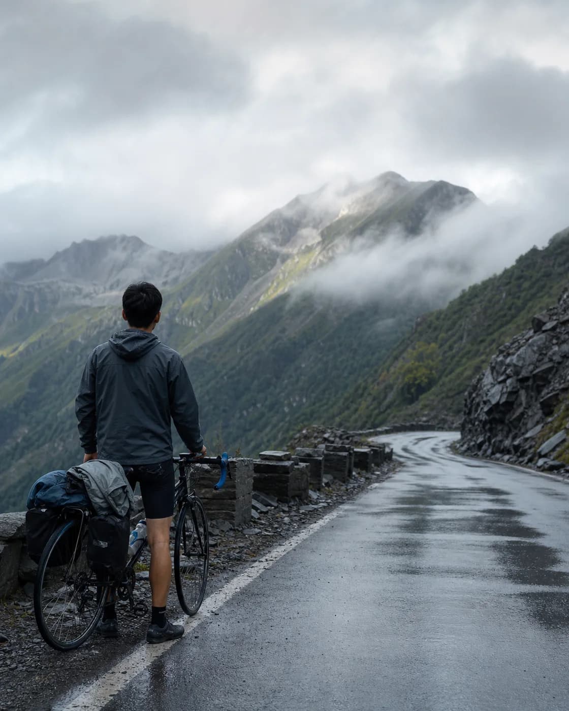 A cyclist beside a mountain road